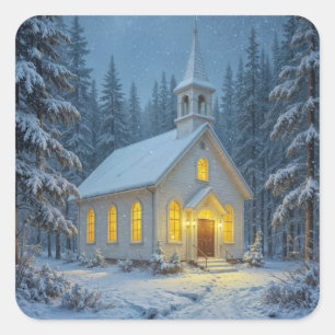 Witte Kerstkapel in Winter Pines Vierkante Sticker