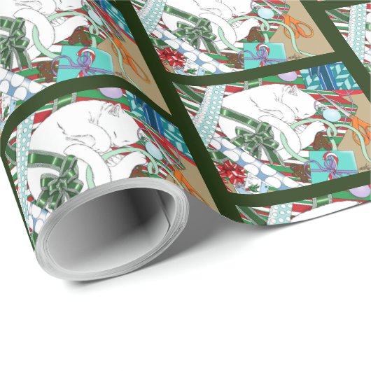 Witte Kerstkat Cadeaupapier (Rol Hoek)