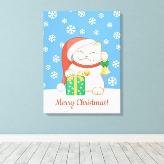 Witte kerstkat in een rood Pet Canvas Afdruk (Insitu (Houten vloer))
