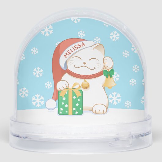 Witte Kerstkat in een rood Pet Custom Name Sneeuwbol (Achterkant)