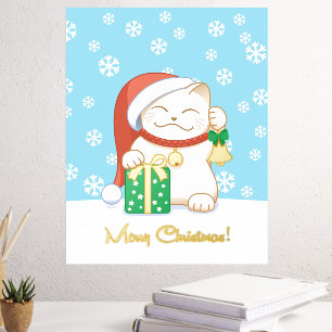 Witte kerstkat in een rood Pet Folie Afdrukken