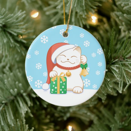 Witte kerstkat in een rood Pet Keramisch Ornament (Boom)