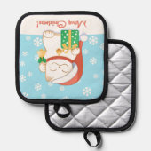 Witte kerstkat in een rood Pet Pannenlap (Voorkant / Achterkant)