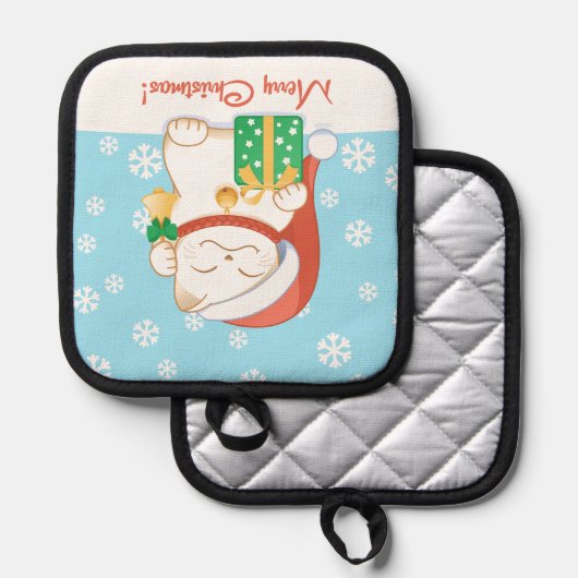 Witte kerstkat in een rood Pet Pannenlap (Voorkant / Achterkant)