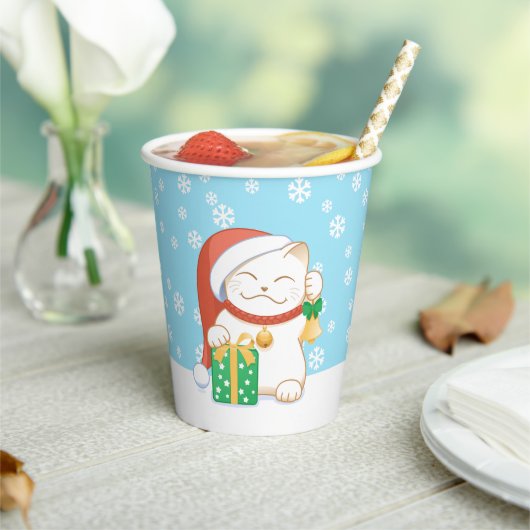 Witte kerstkat in een rood Pet Papieren Bekers (Insitu)