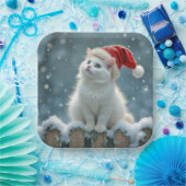 Witte Kerstkat met een kerstmuts Papieren Bordje (Feest)