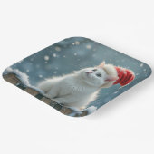 Witte Kerstkat met een kerstmuts Papieren Bordje (Gebogen)