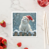 Witte Kerstkat met een kerstmuts Servet (Insitu)