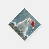Witte Kerstkat met een kerstmuts Servet (Hoek)