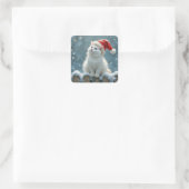 Witte Kerstkat met een kerstmuts Vierkante Sticker (Tas)