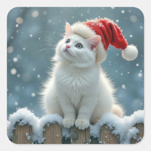 Witte Kerstkat met een kerstmuts Vierkante Sticker (Voorkant)