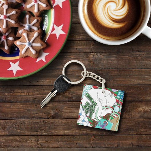 Witte Kerstkat Sleutelhanger