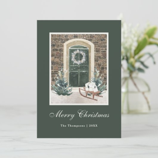 Witte Kerstmis Deur Donkergroen Feestdagenkaart (Staand voorkant)