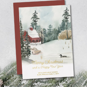 Witte Kerstmis Waterverf Winterlandschap Gold Folie Feestdagenkaart
