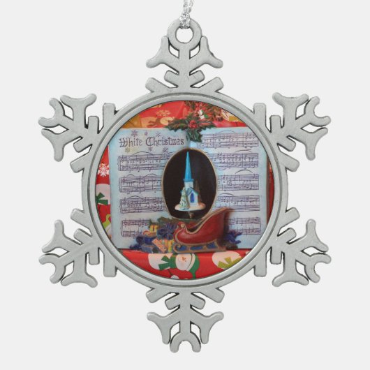 Witte kerstmuziekdoos tin sneeuwvlok ornament (Voorkant)