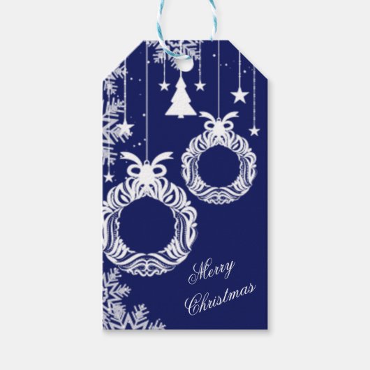 Witte kerstornament Wreath on Blue Cadeaulabel (Voorkant)