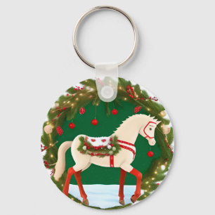 Witte Kerstpaard met Festieve Krans Sleutelhanger