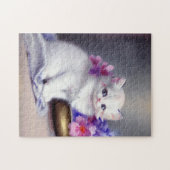 Witte Keuten met Roze en Paars Bloemen Legpuzzel (Horizontaal)