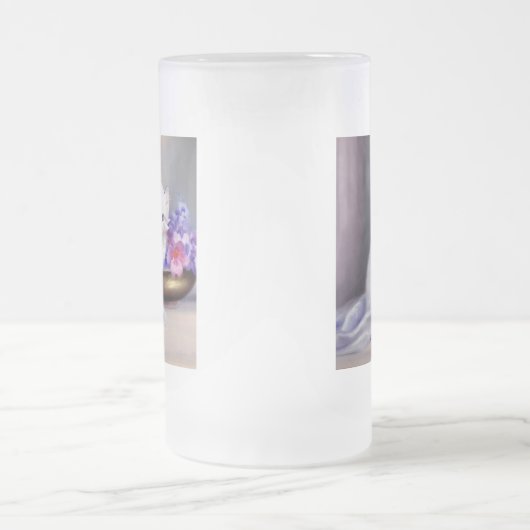 Witte Keuten met Roze en Paars Bloemen Matglas Bierpul (Center)