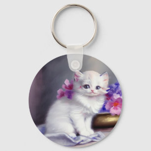 Witte Keuten met Roze en Paars Bloemen Sleutelhanger