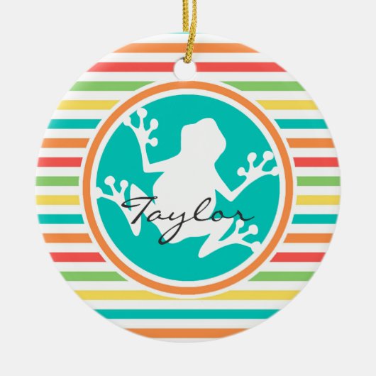 Witte kikker; heldere regenboogstrepen keramisch ornament (Voorkant)