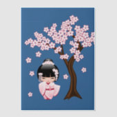 Witte Kimono Kokeshi Doll Schattige Geisha Blauw I Vellum Uitnodigingen (Voorkant)