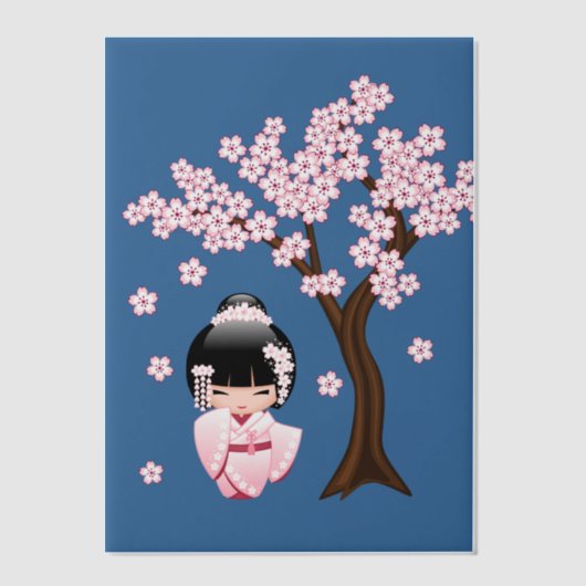 Witte Kimono Kokeshi Doll Schattige Geisha Blauw I Vellum Uitnodigingen (Voorkant)