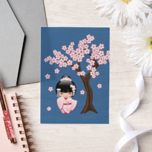 Witte Kimono Kokeshi Doll Schattige Geisha Blauw I Vellum Uitnodigingen