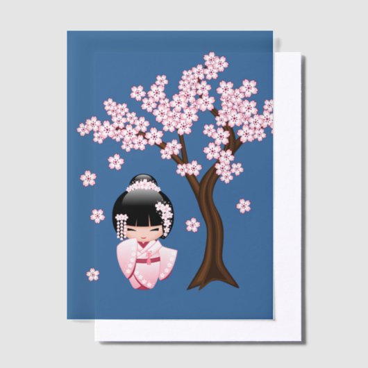 Witte Kimono Kokeshi Doll Schattige Geisha Blauw I Vellum Uitnodigingen (Offset)