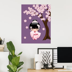 Witte Kimono Kokeshi-pop - Schattig Geisha-meisje Poster