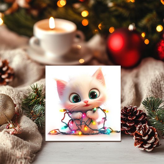 Witte Kitten Brengt Kerstvreugde Kerstkaart