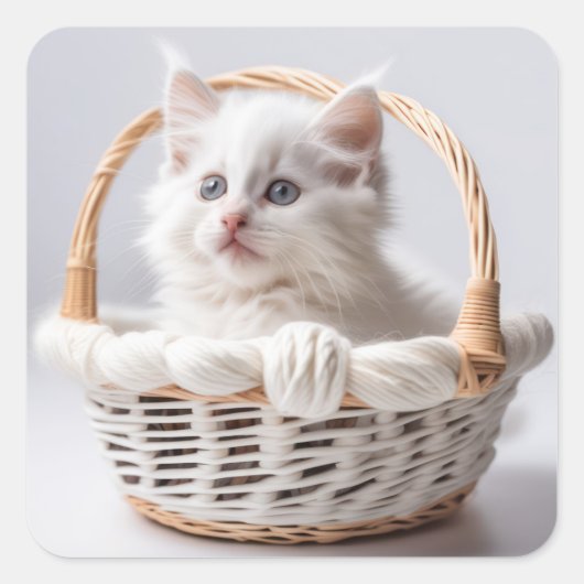 Witte kitten in een mand vierkante sticker (Voorkant)