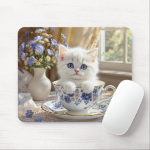 Witte kitten in een theekopje muismat