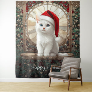 Witte Kitten met Kerstman Hoed Achtergrond Wandkleed