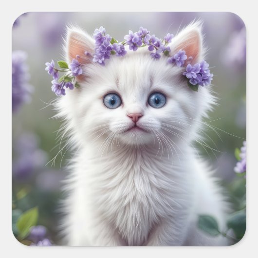Witte kitten met Lila laurier Vierkante Sticker (Voorkant)