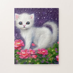 Witte kitten omringd door bloemen legpuzzel