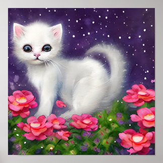 Witte kitten omringd door bloemen poster