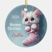 Witte kitten roze kous gepersonaliseerd Ornament (Voorkant)