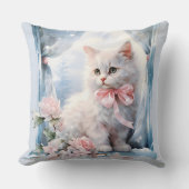Witte kitten roze strik kussen (Voorkant)