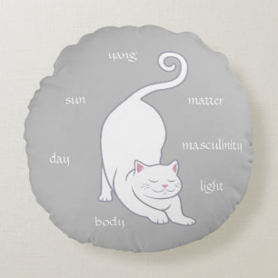 Witte Kittie Kat Yoga & Tekst op Zilver Grijs Rond Kussen
