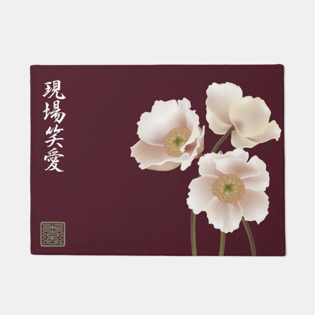 Witte klaprozen bordeaux "Live Laugh Love" Deurmat (Voorkant)