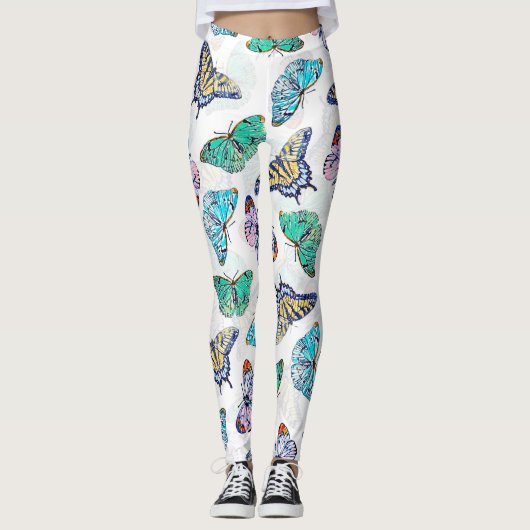 Witte kleurige Waterverf Butterflies Leggings (Voorkant)