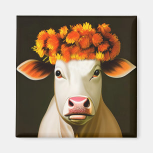 Witte Koe met Herfst Bloemenkroon Portret Magneet