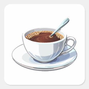 Witte koffiekop op een schoteltje gevuld met koffi vierkante sticker
