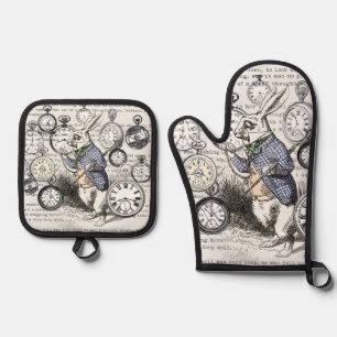 Witte Konijn Alice Wonderland Klokken Kunst Ovenwant & Pannenlap Set