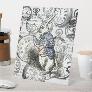 Witte Konijn Alice Wonderland Klokken Kunst Reclamebord Met Voetstuk