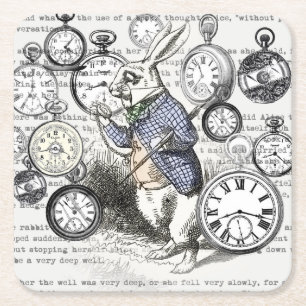 Witte Konijn Alice Wonderland Klokken Kunst Vierkante Kartonnen Onderzetter