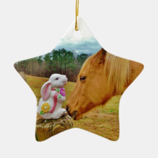 Witte konijn en Gele Paarden Keramisch Ornament (Voorkant)