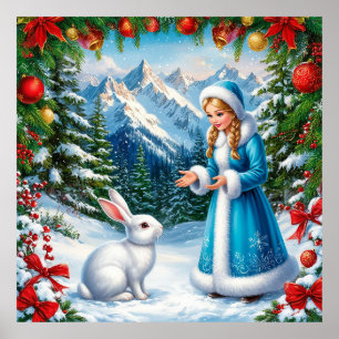 Witte Konijn en Sneeuwmeisje in Winterlandschap Poster