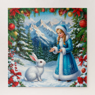 Witte Konijn en Sneeuwmeisje in Winterwoud Legpuzzel